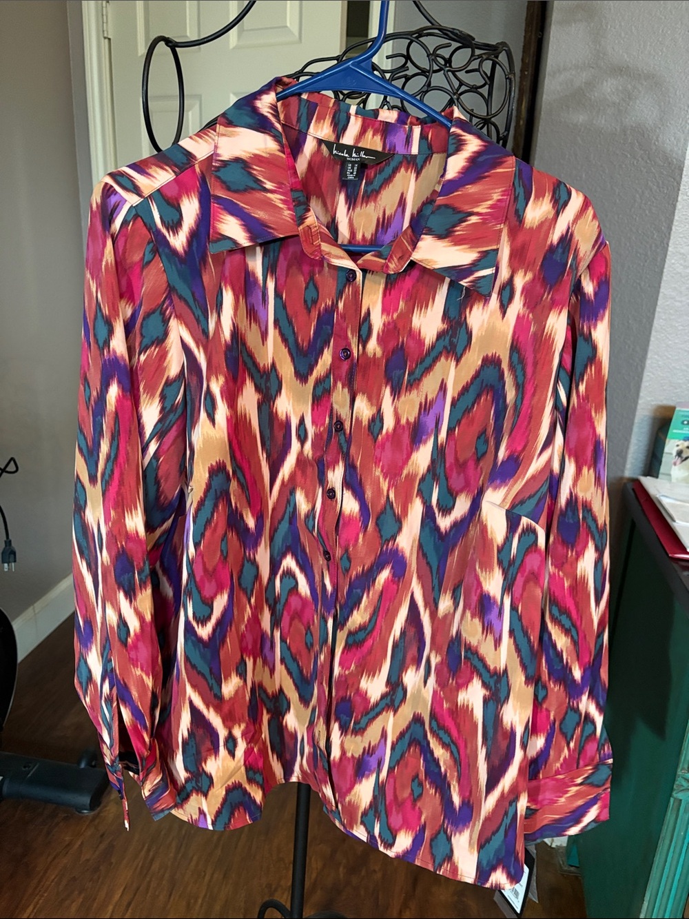Nicole Miller Multicolor Ikat Print Top — Red, Purple, Orange, Blue